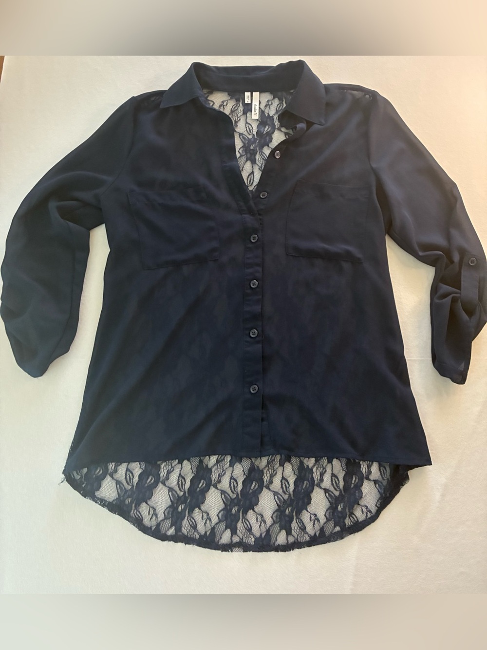 Studio Y Navy Lace-Back Button-Down Blouse